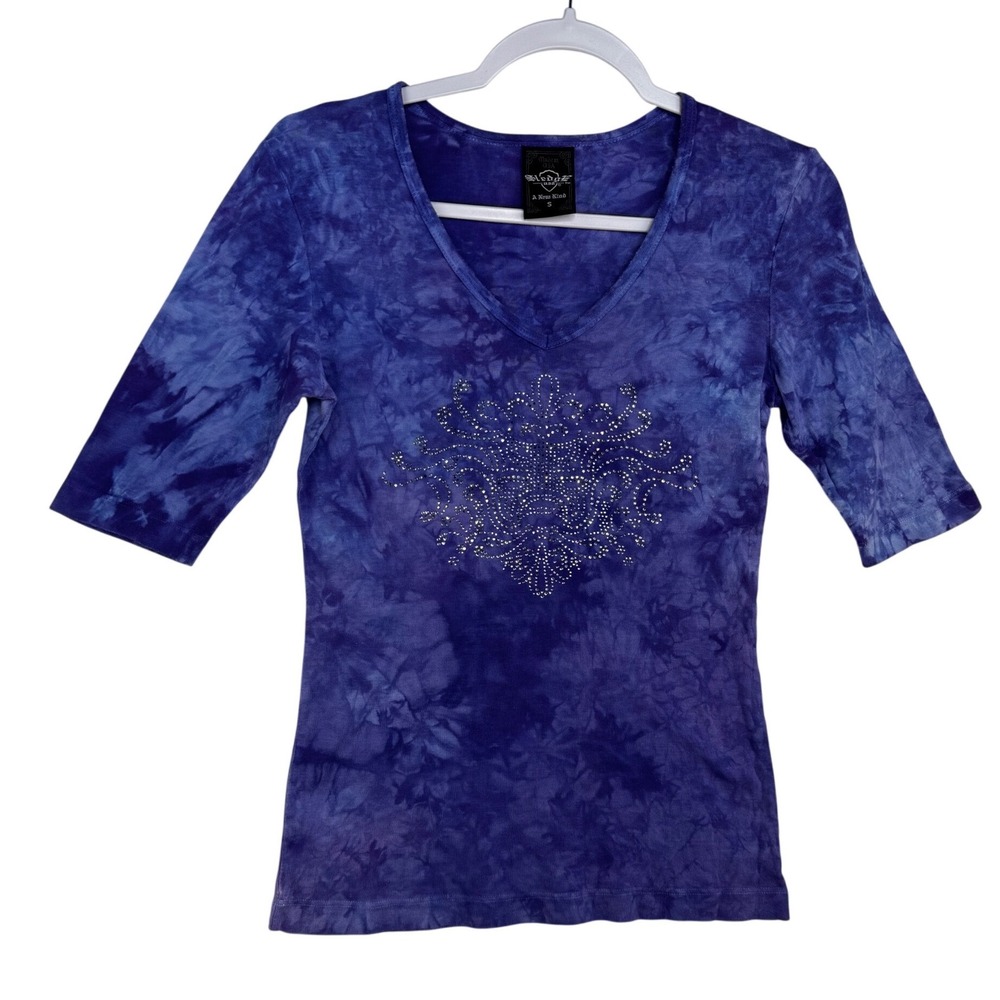 Sledge USA Purple Tie Dye Rhinestone V-Neck Elbow Sleeve Top Small Y2K McBling